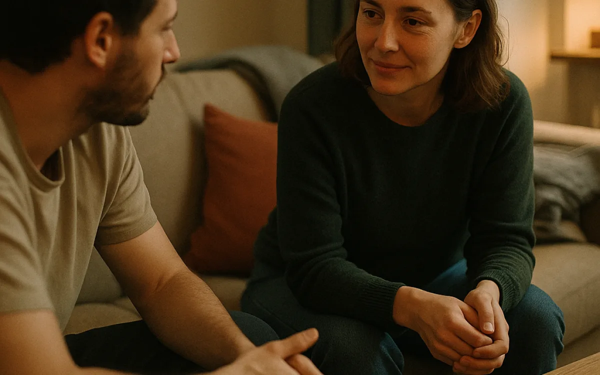 A person listening closely to their partner on a sofa, phone left face down on the table