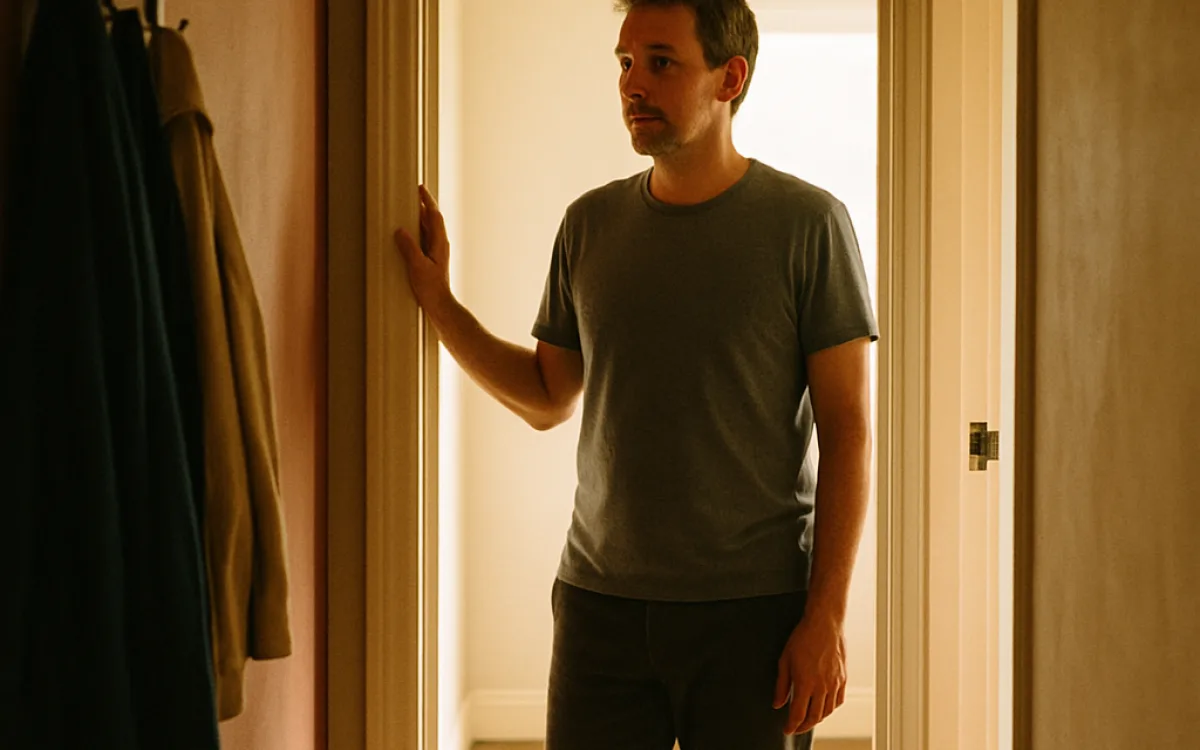 A person standing calmly in a hallway doorway with the light behind them, hand on the frame