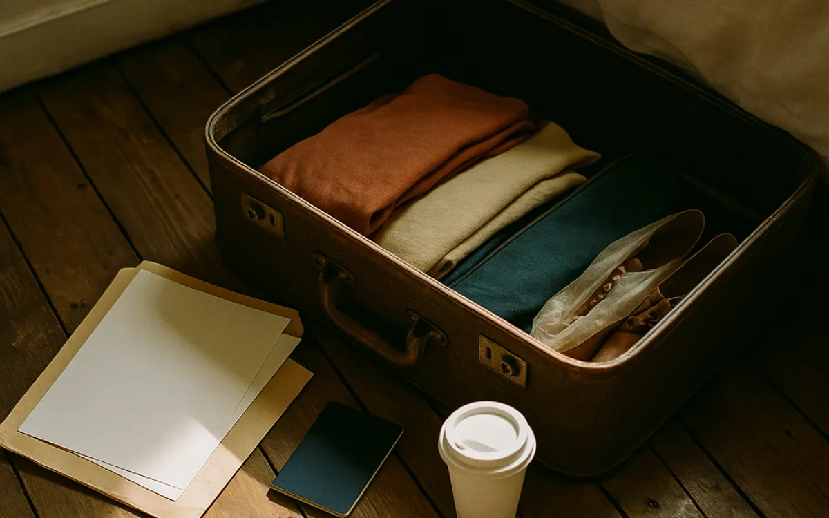 A half-packed suitcase open on a bedroom floor beside a folder of printed paperwork