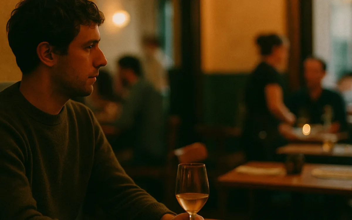 A person sitting alone at a restaurant table looking thoughtfully at a second, empty chair