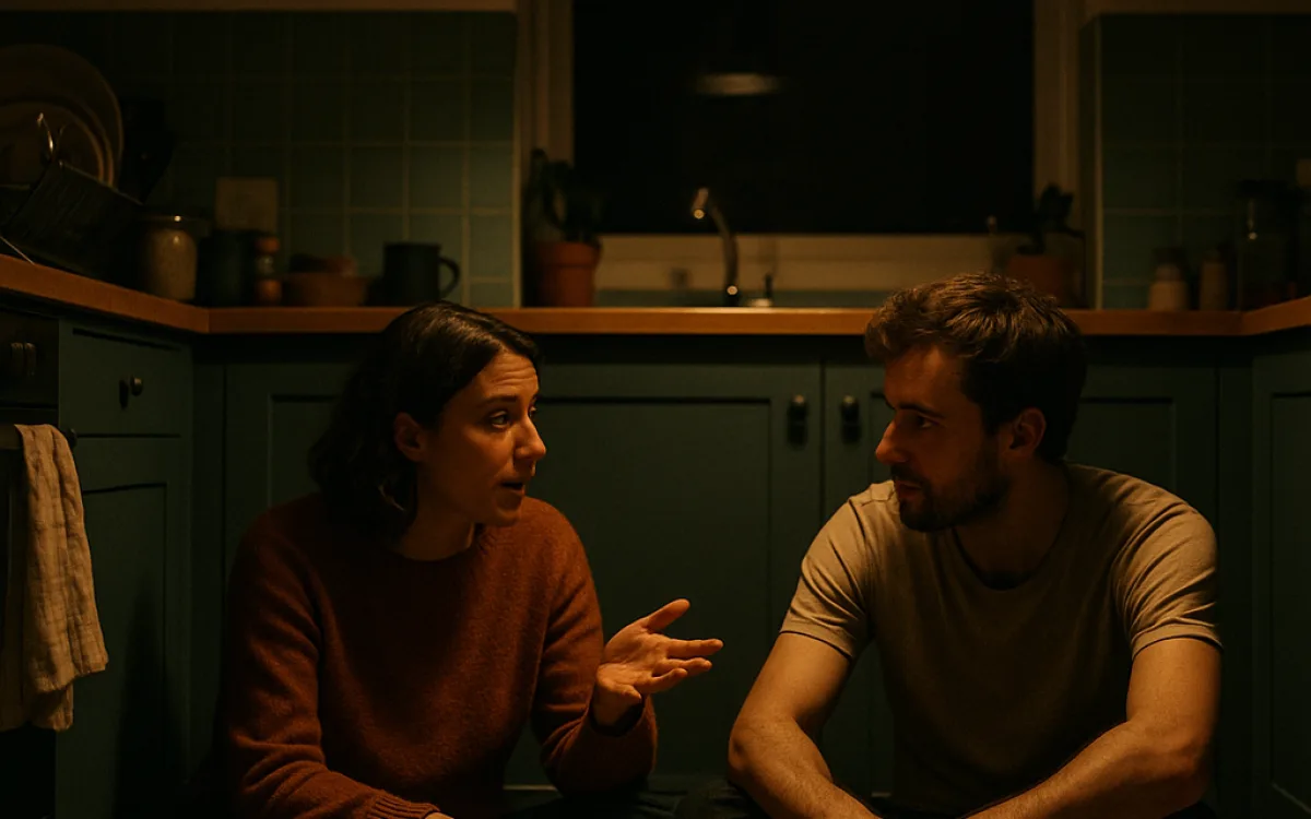Two people talking on a kitchen floor late at night, mugs beside them, lamp on