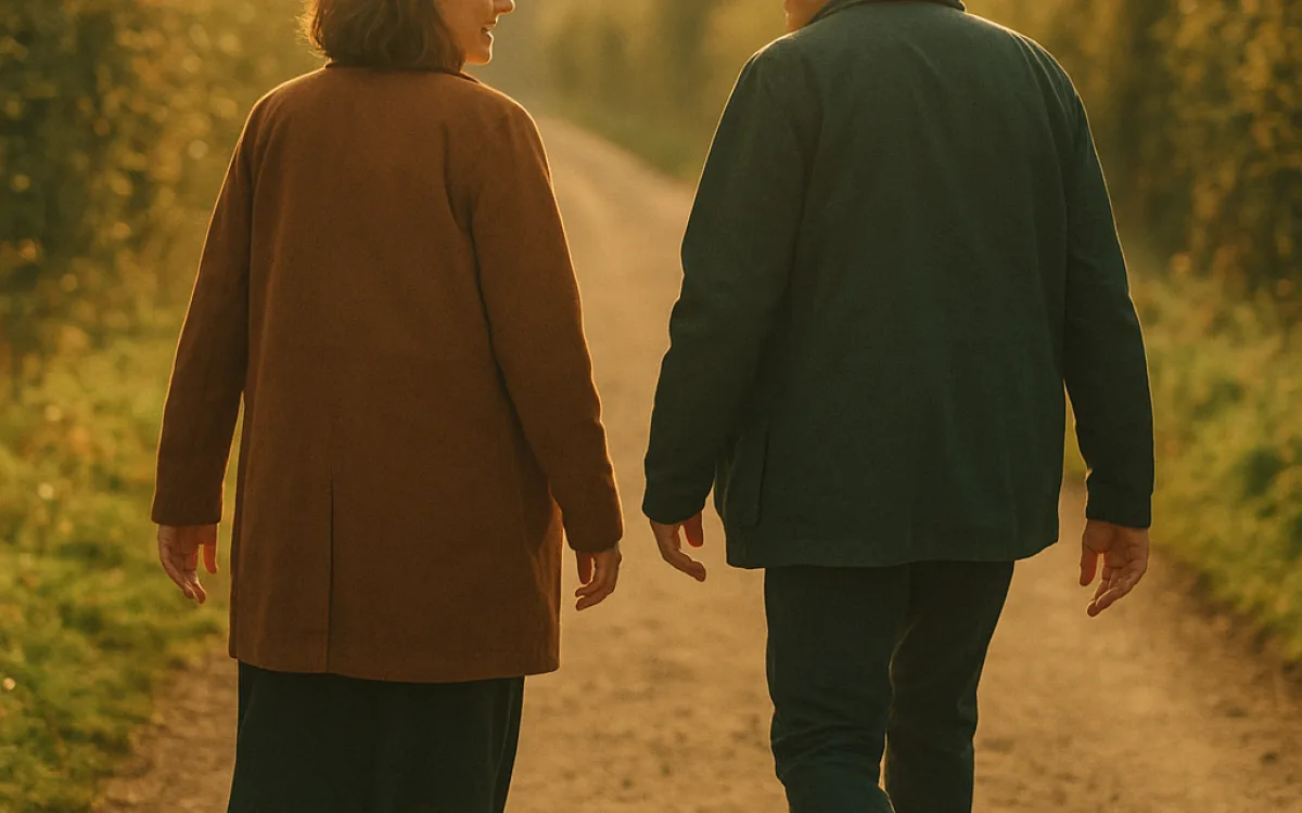 A couple walking side by side on a quiet path, talking easily in soft afternoon light