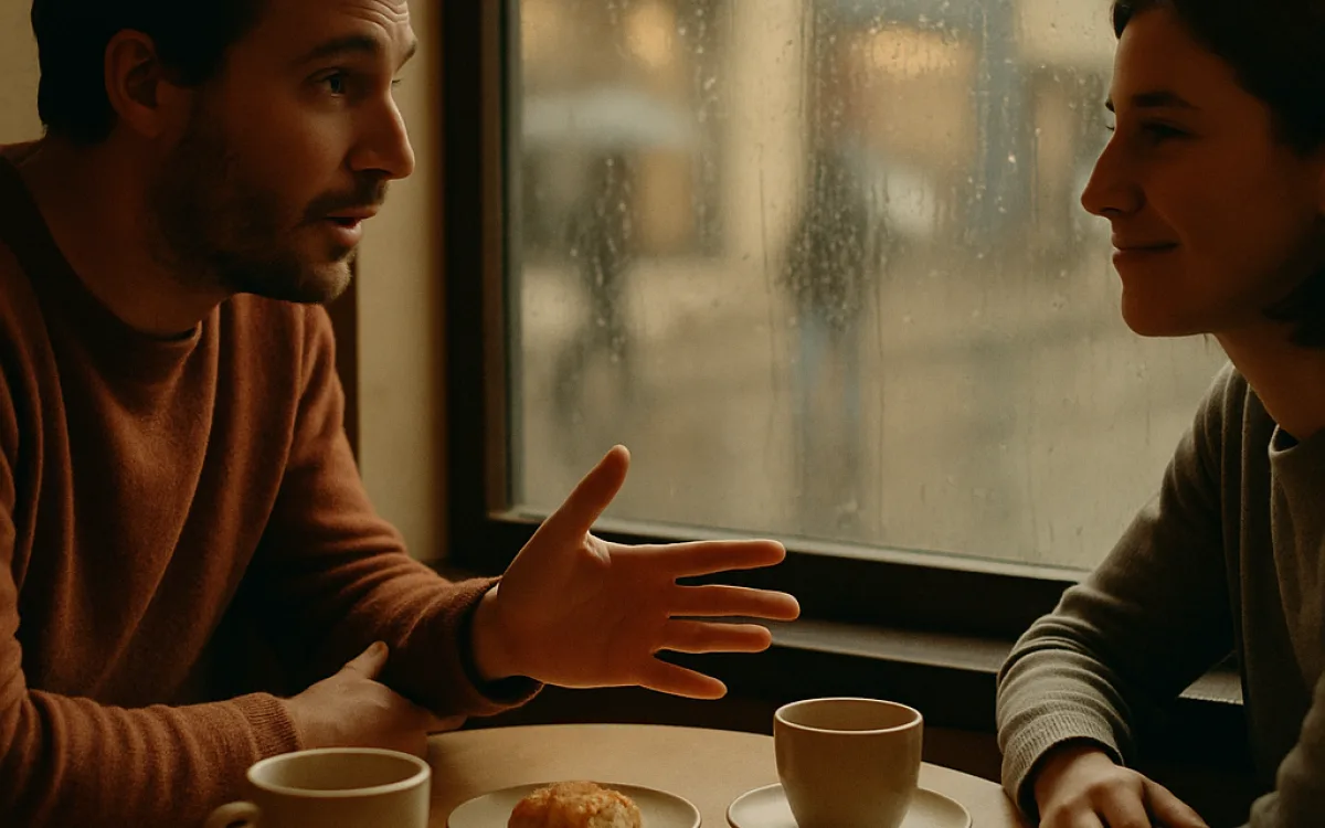 Two people talking across a small cafe table by a window, one leaning in mid-sentence