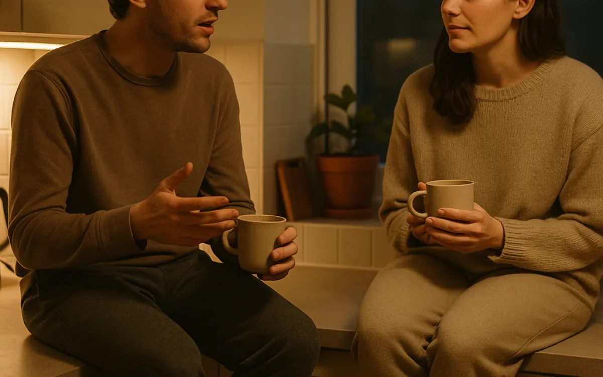 Two people sitting side by side on a kitchen worktop in the evening, mid-conversation over mugs