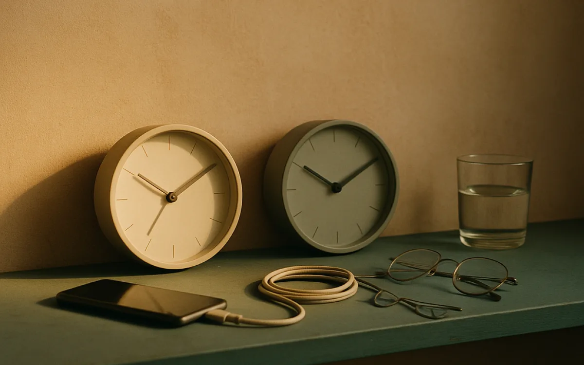Two clocks on a shelf set to different times beside a phone charging on its cable