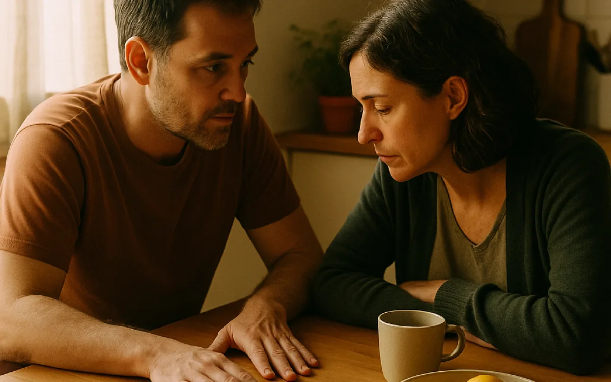 Two people at a kitchen table, one listening with full attention while the other speaks