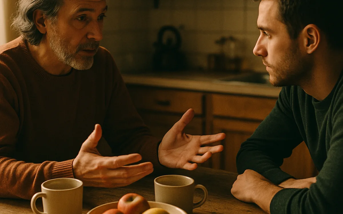 Two people sitting at a kitchen table mid-conversation, one leaning in to listen