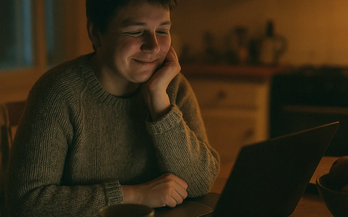 A person on a video call at a kitchen table late in the evening, laptop propped against a bowl