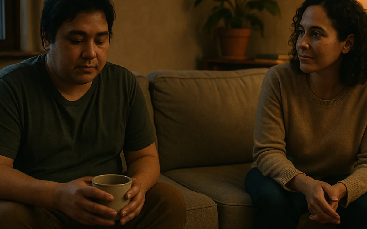 Two people sitting apart on a sofa in the evening, one holding a cup, both mid-pause