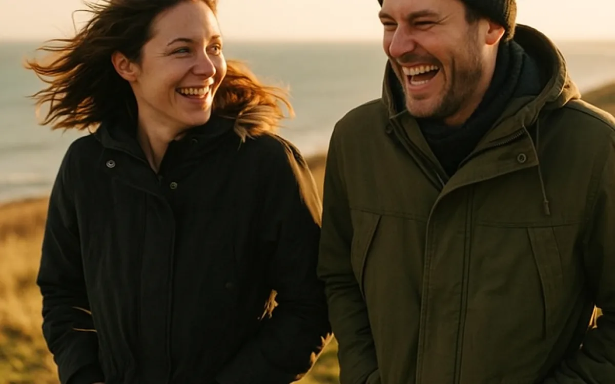 A couple laughing on a coastal path in low afternoon sun, coats on, walking somewhere new