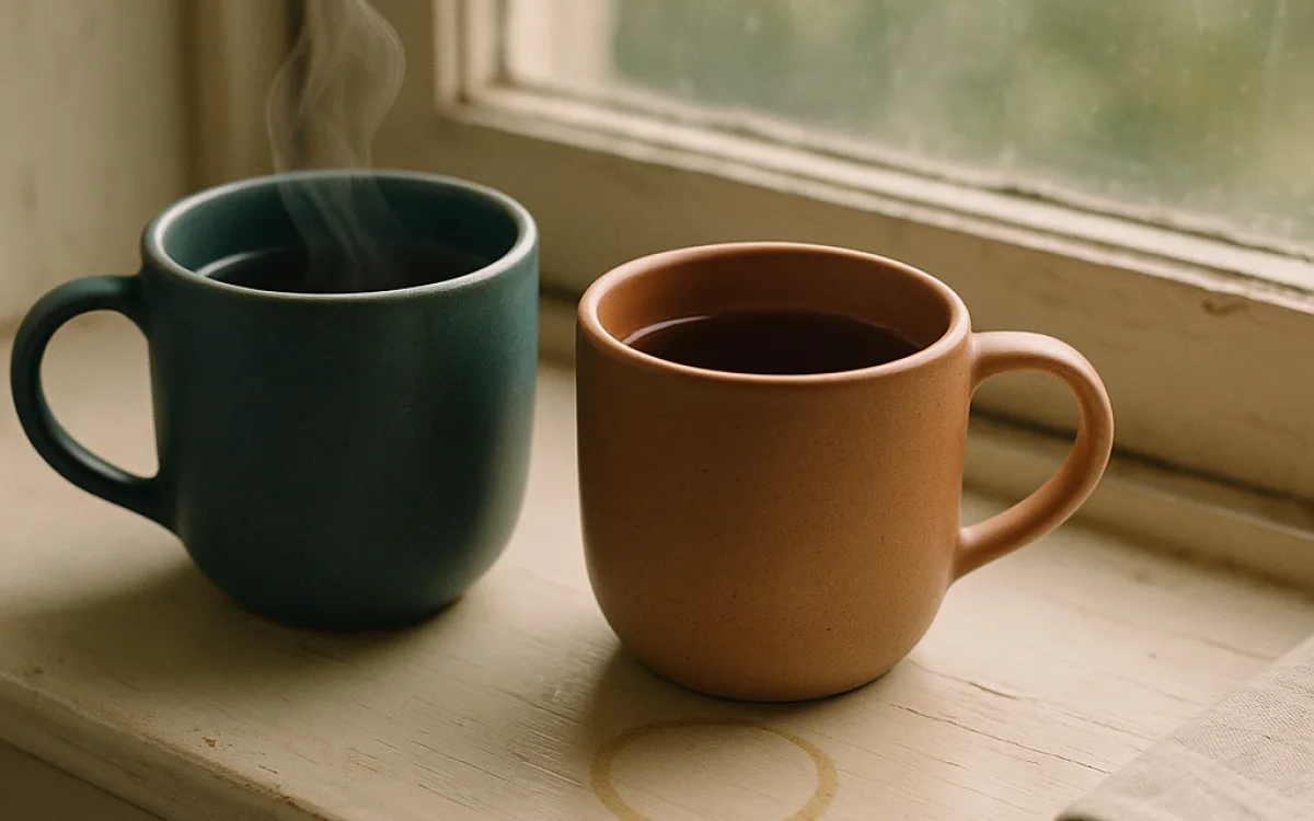 Two mugs of tea on a windowsill in early morning light, one recently placed beside the other