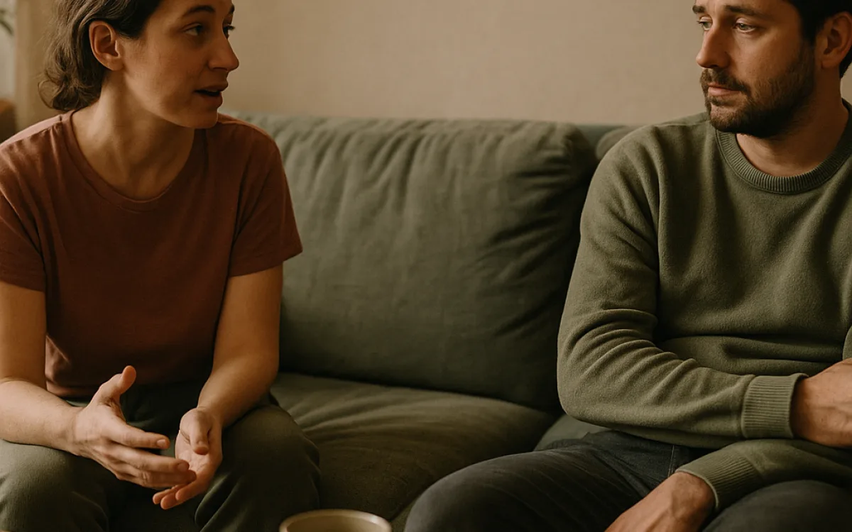 Two people sitting on a sofa at opposite ends, turned slightly towards each other mid-conversation