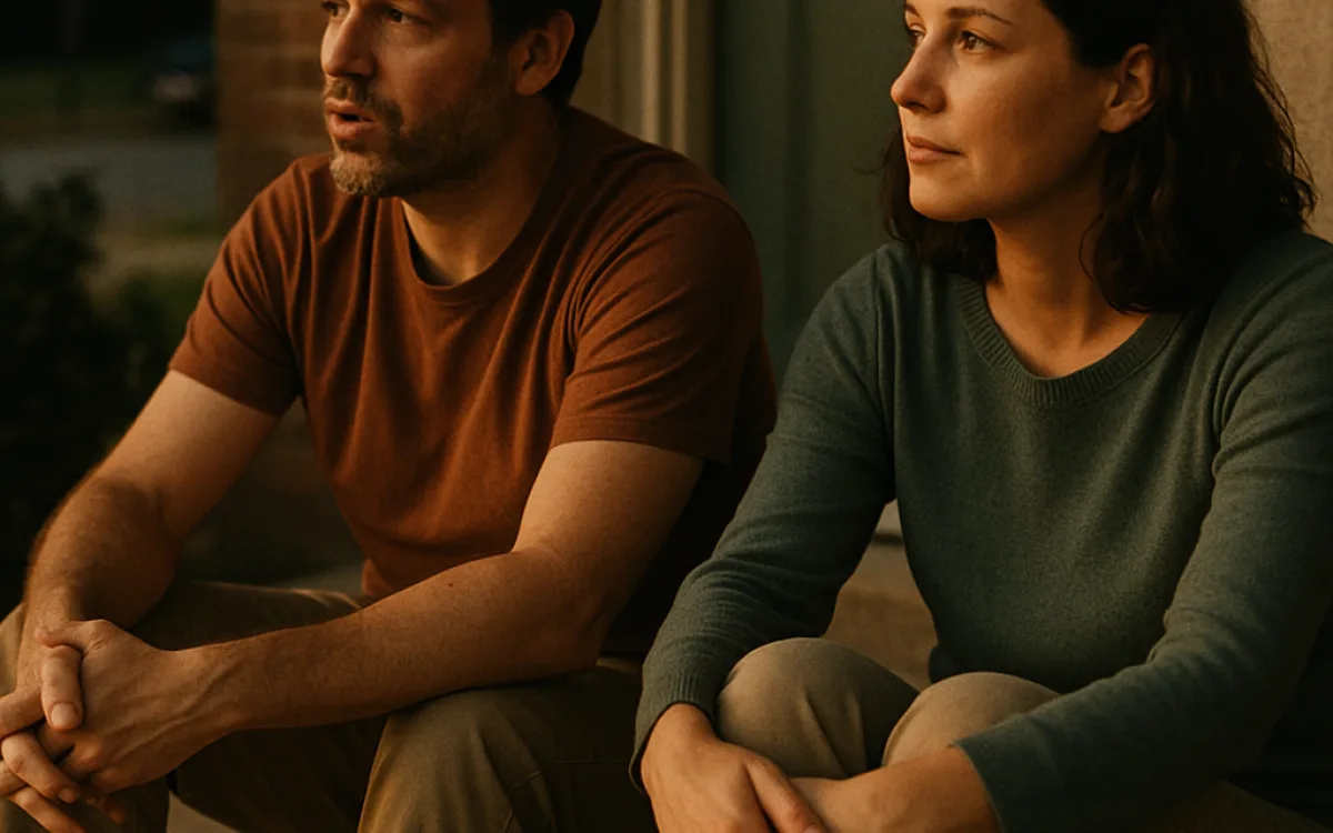 Two people talking quietly side by side on a doorstep in the evening light