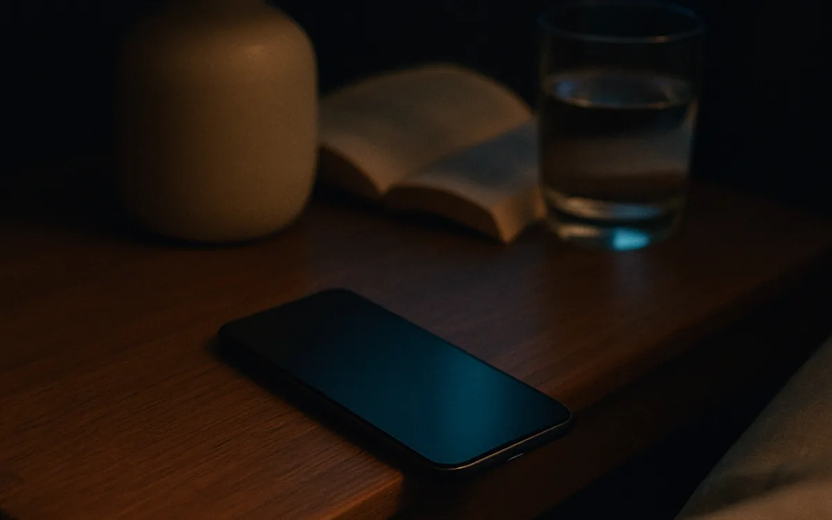 A phone face up on a dark bedside table showing no notifications, a lamp switched off behind it