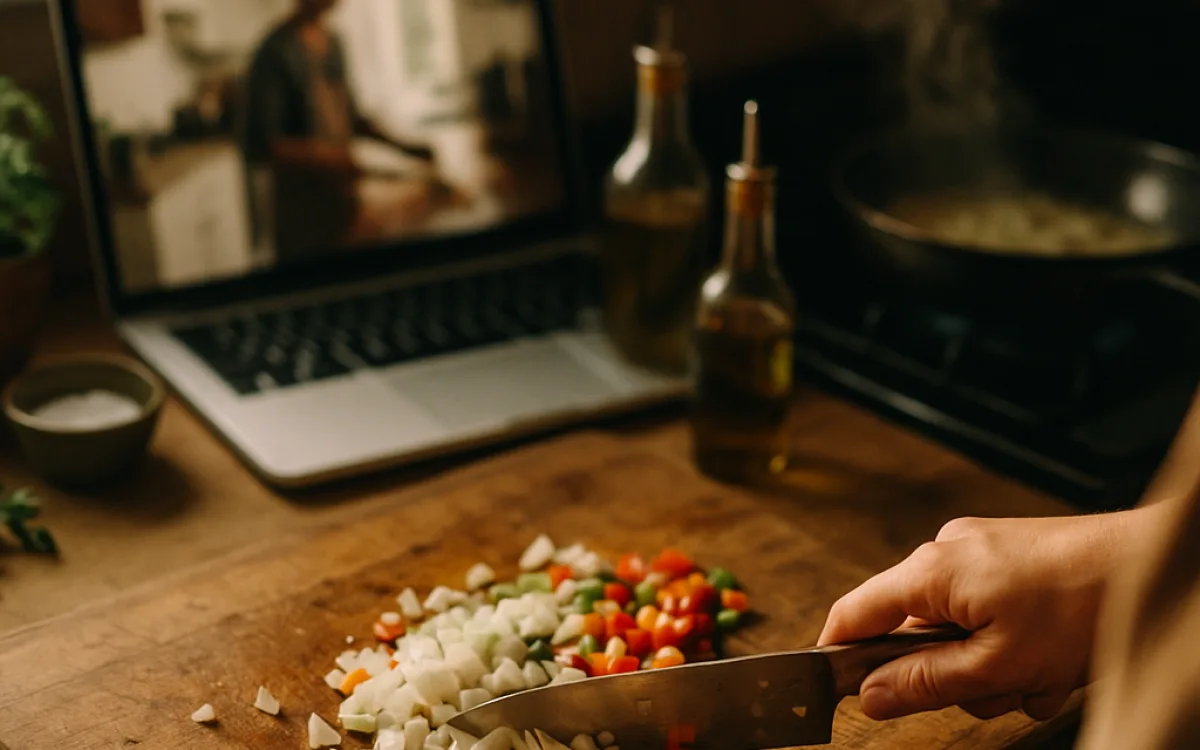 A laptop propped on a kitchen counter showing a video call while someone chops vegetables