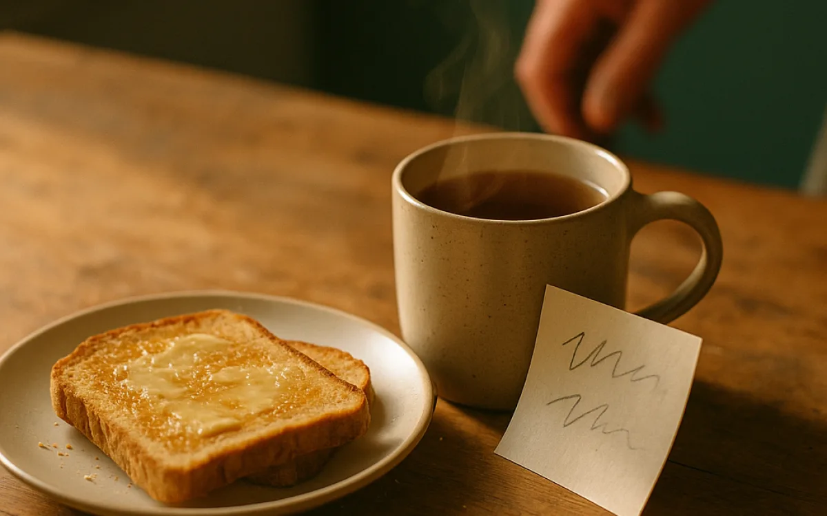 A handwritten note left beside a made breakfast on a worn kitchen counter in morning light