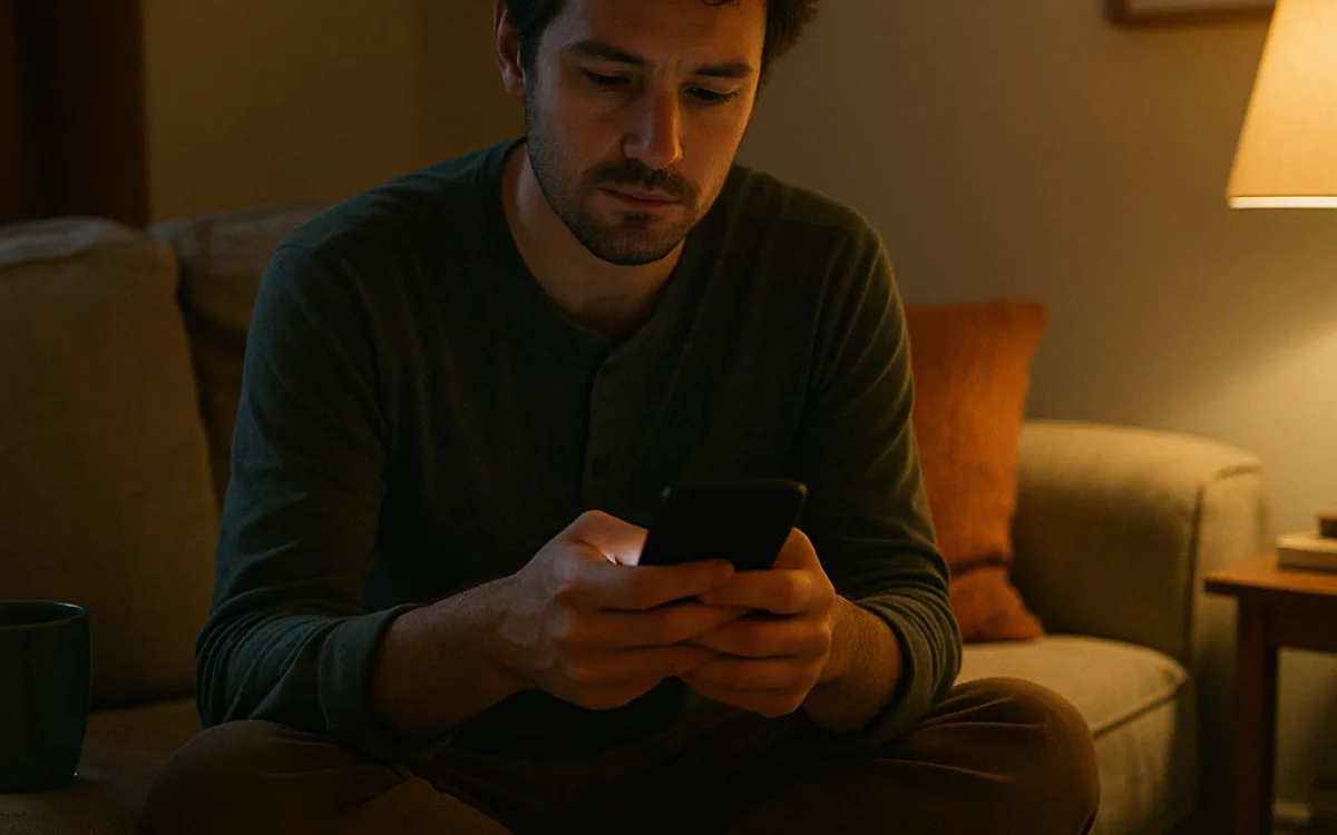 Someone sitting on a sofa in warm lamplight choosing photographs on a phone