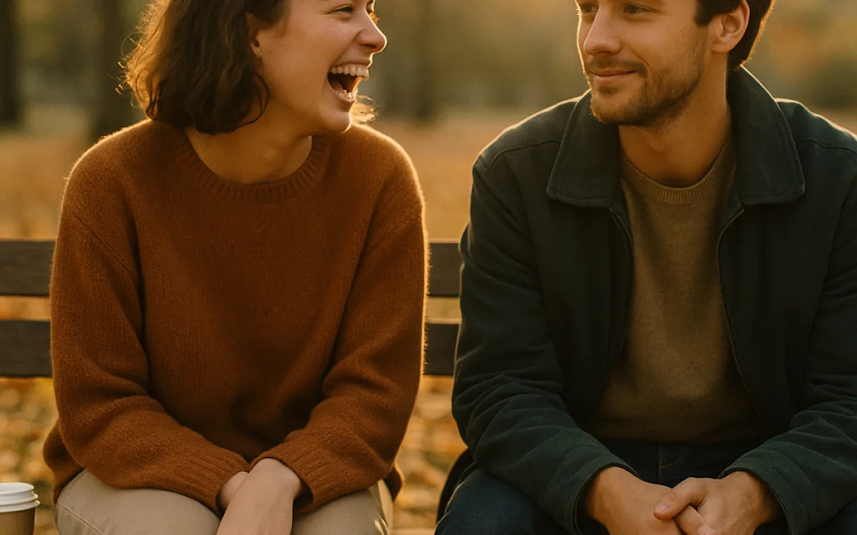 Two friends laughing on a park bench in late afternoon light, one turned towards the other