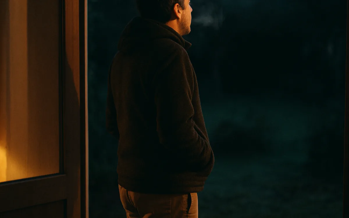 A person standing outside a back door in the evening air, hands in pockets, taking a few minutes alone