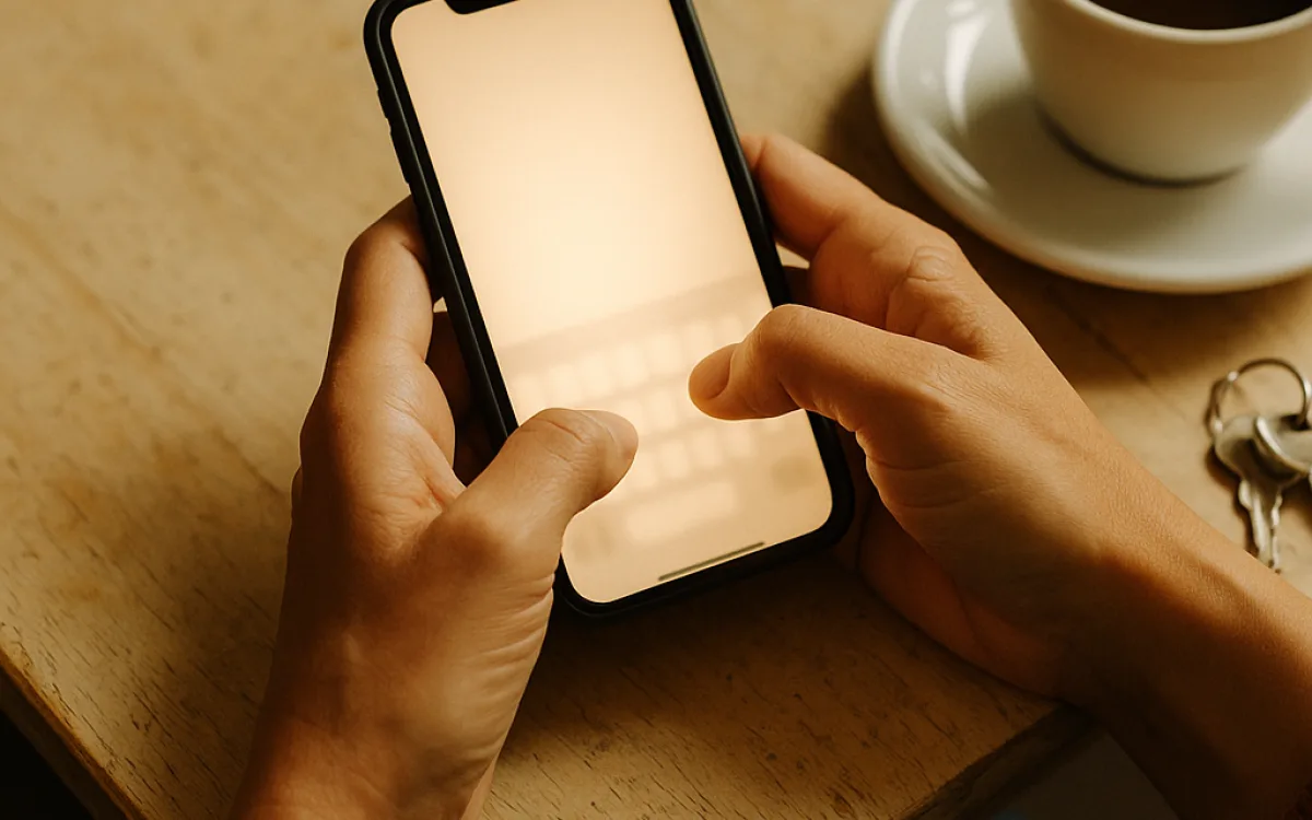 A phone held in both hands with a half-typed message, a coffee cup beside it on a table
