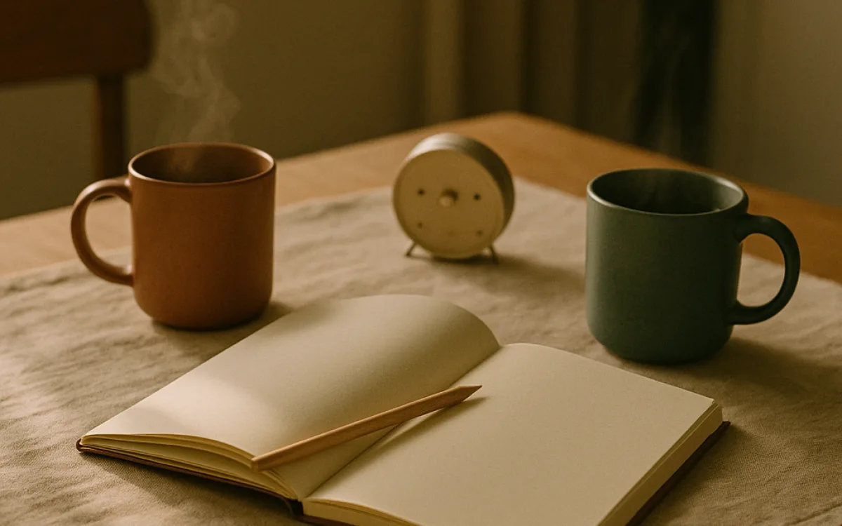 A notebook and two mugs on a table set out for a regular weekly conversation